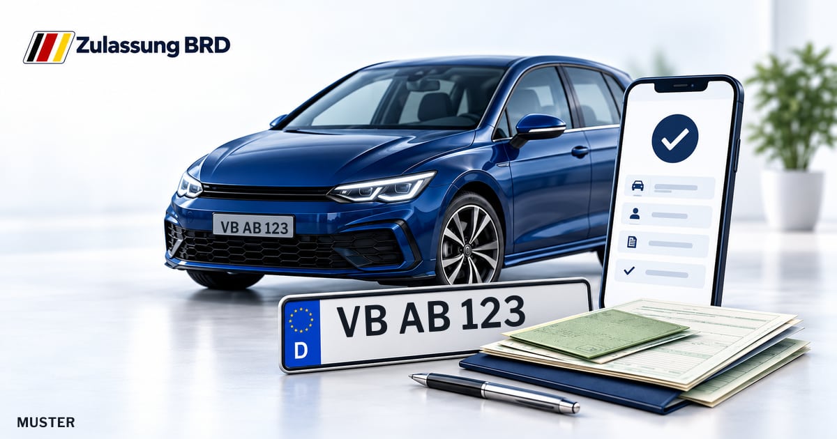 Online Fahrzeugzulassung in Schlitz: Musterkennzeichen VB AB 123, Auto und Fahrzeugpapiere und Smartphone. Illustration mit Logo von Zulassung BRD.